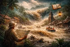 Ilustrasi banjir bandang di Sumatera dengan arus deras membawa kayu dan lumpur