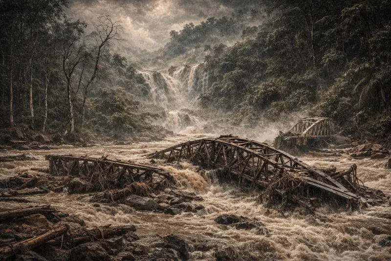 Sejarah Banjir Bandang Sumatera - Ilustrasi jembatan dan bantaran sungai yang terdampak